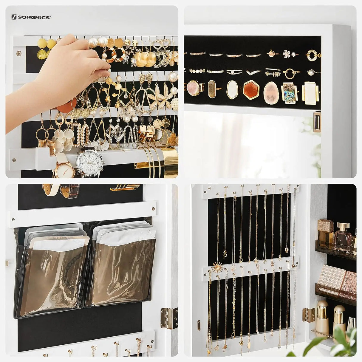 SONGMICS Jewelry Cabinet Armoire, Wall/Door Mount Storage Organizer with Full-Length Frameless Mirror, Lockable Cabinet