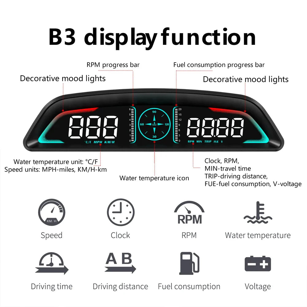 B3 G3 GPS / OBD Multifunctional Car HUD Head Up Display Car Speedometer Accessories RPM Water Temperature Overspeed Alarm