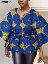 Plus Size 5XL VONDA Women Tunic Tops 2023 Fashion 3/4 Sleeve Casual Printed Bohemian Blouse V-neck Loose Belted Party Shirts