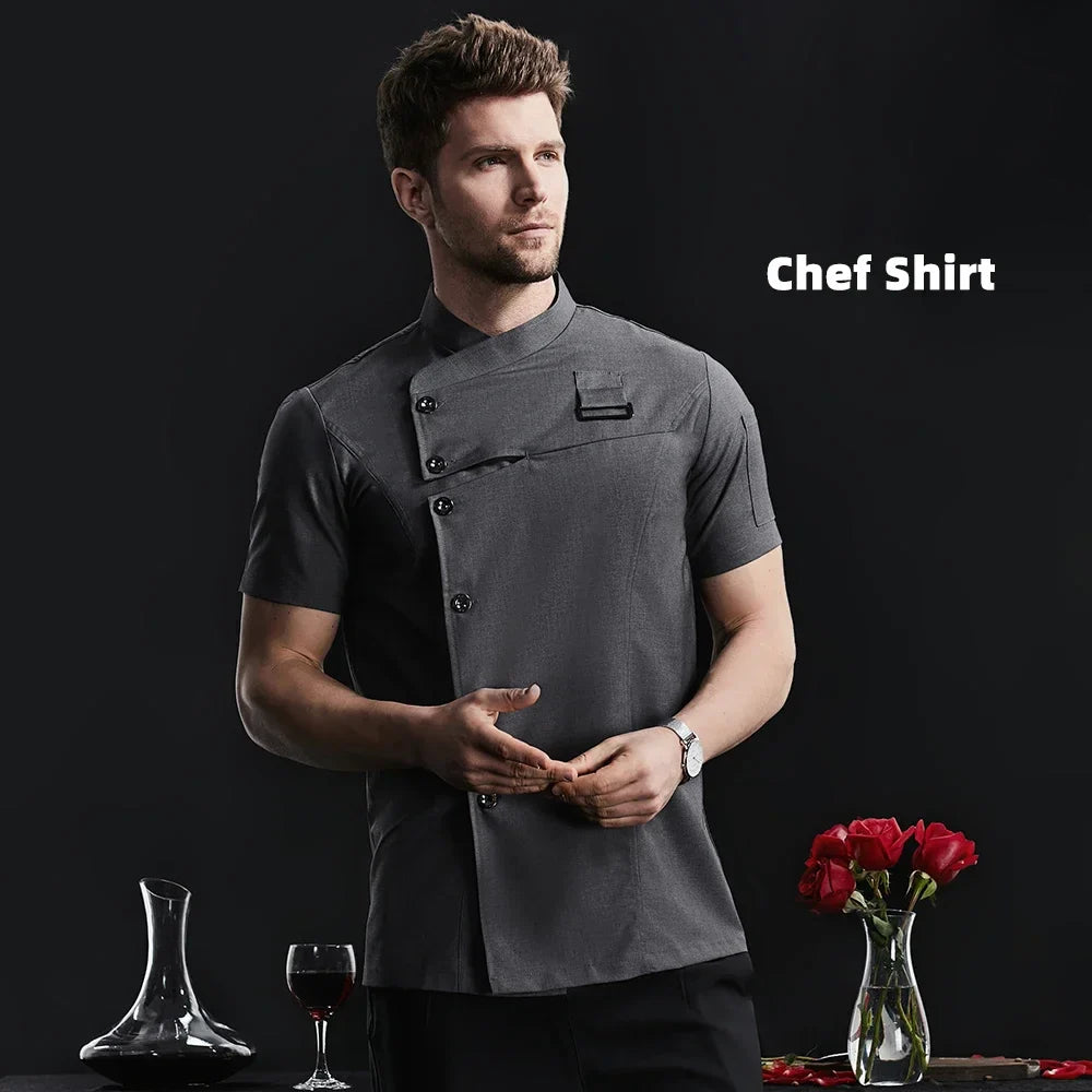 Men Women Chef Jacket Cooking Shirt Apparel Short Sleeve Tops Apron Waiter Waitress Workwear Chef Clothes Cafe Catering Uniform