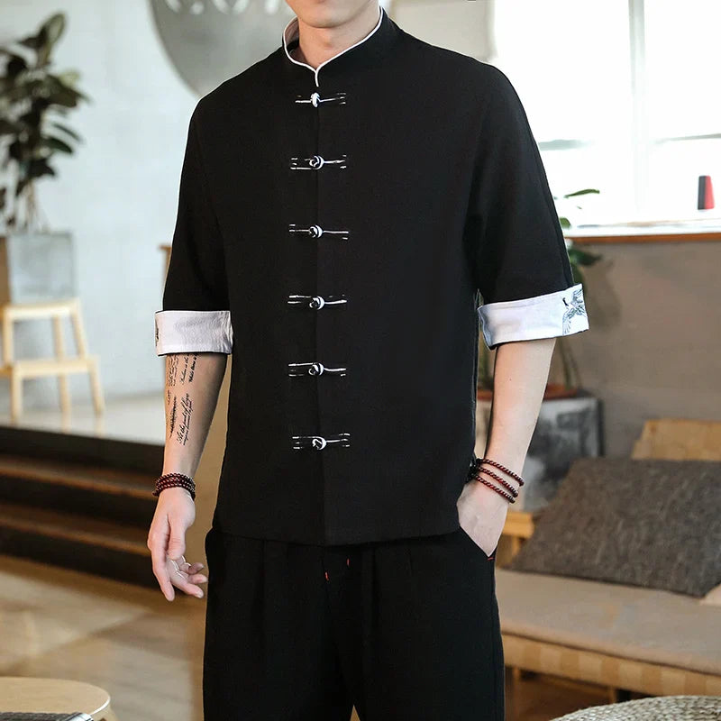 2024 Summer Crane Embroidery Top Traditional Chinese Style Mens Vintage Half Sleeve Linen Shirts Madarin Collar Kungfu Shirt