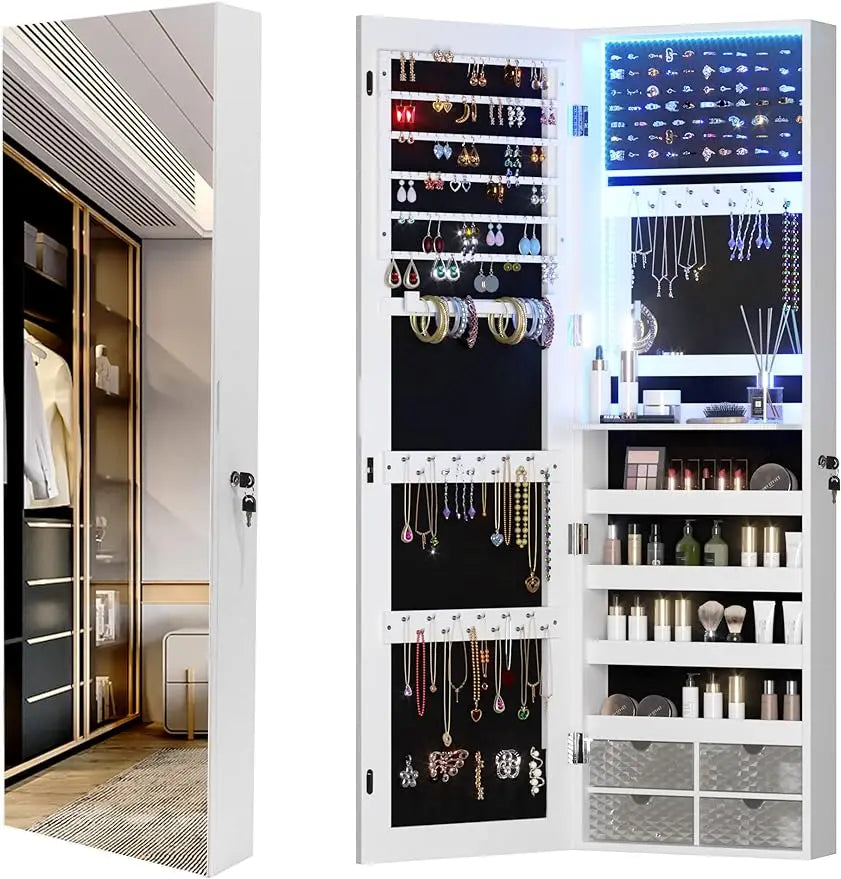 47.2" LED Jewelry Mirror Cabinet, Wall/Door Mounted Jewelry Armoire Organizer with Full-Length Mirror, Large Capacity Sto