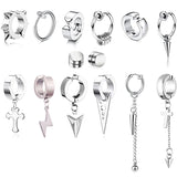 14 Pcs Steel Stainless Steel Non-Piercing Spike Rivet Cross Dangle Tassel Clip on Hoop Earrings Set for Women Men Boy Girl