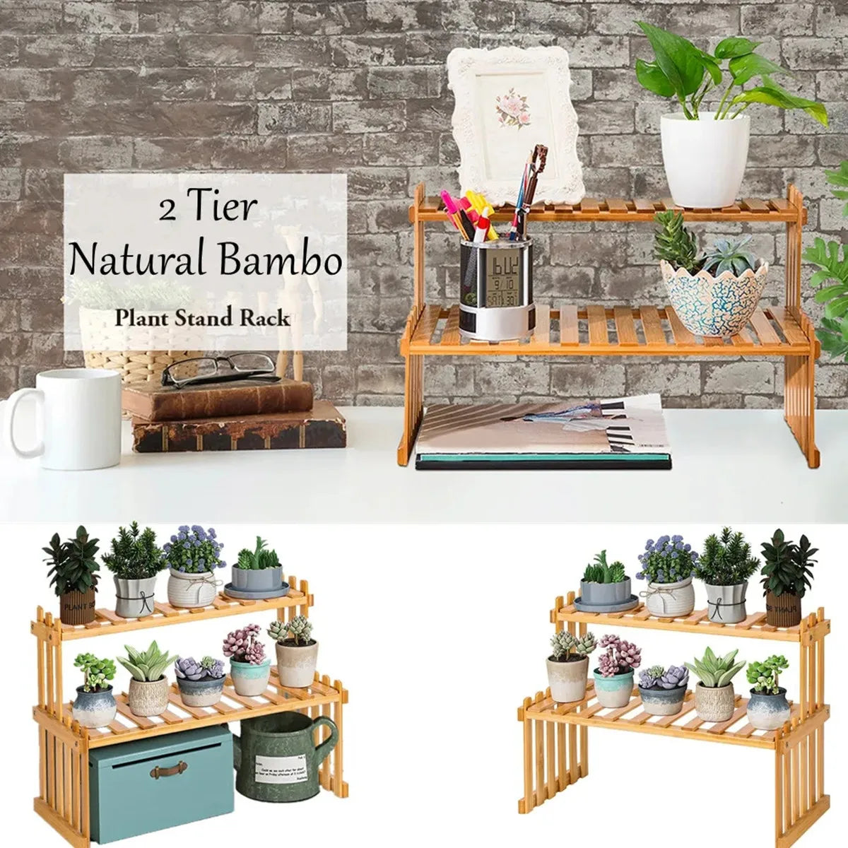 Natural Bamboo Indoor Plant Stand for Desk,2 Tier Desktop Shelf Organizer Rack with 2 Slatted Shelves For Office Kitchen Rack