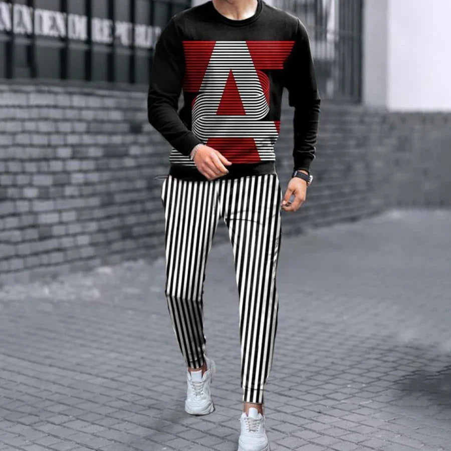 Fashion Men T-shirt Tracksuit Sets Casual 3D Print Outfit Jogging Sportwear Long Sleeve Shirt Trousers Suit Oversize Clothes