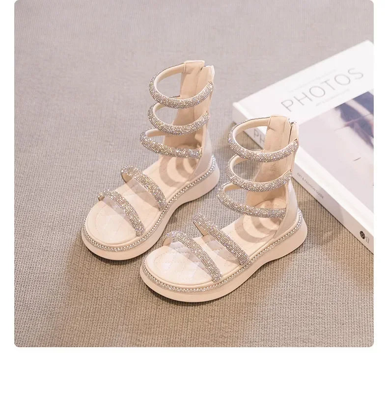 Summer Children‘s Girls Gladiator Sandals Rhinestone Crystal Princess Solf Shoes Non-slip Breathable Fashion Kids Sandals Girls