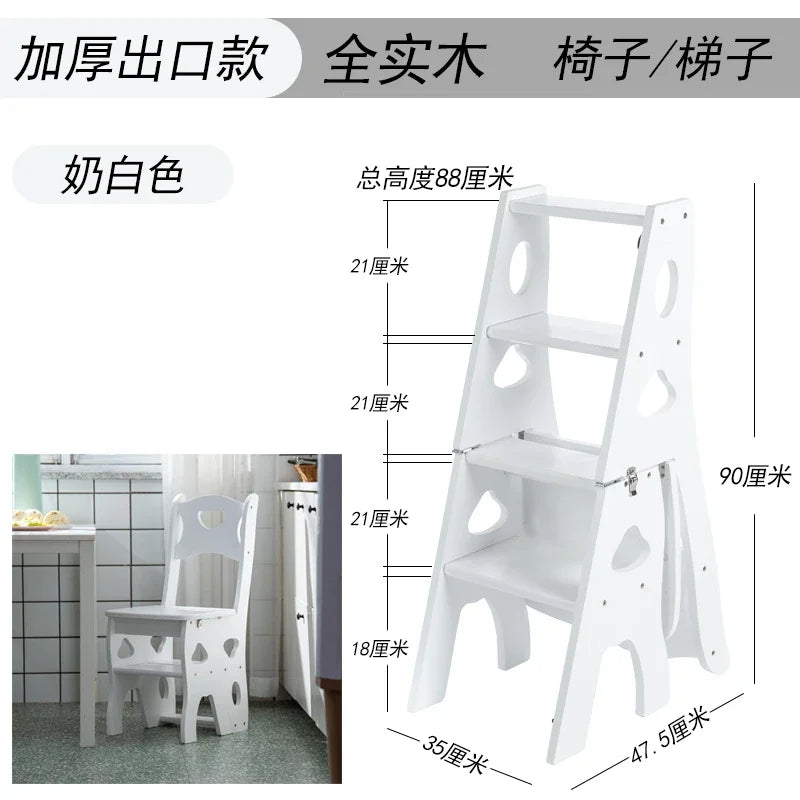 Indoor Climbing High Stools Kitchen Solid Wood Bold Ladder Chair Multi-function Ladder Stool Flip Folding Step Ladder