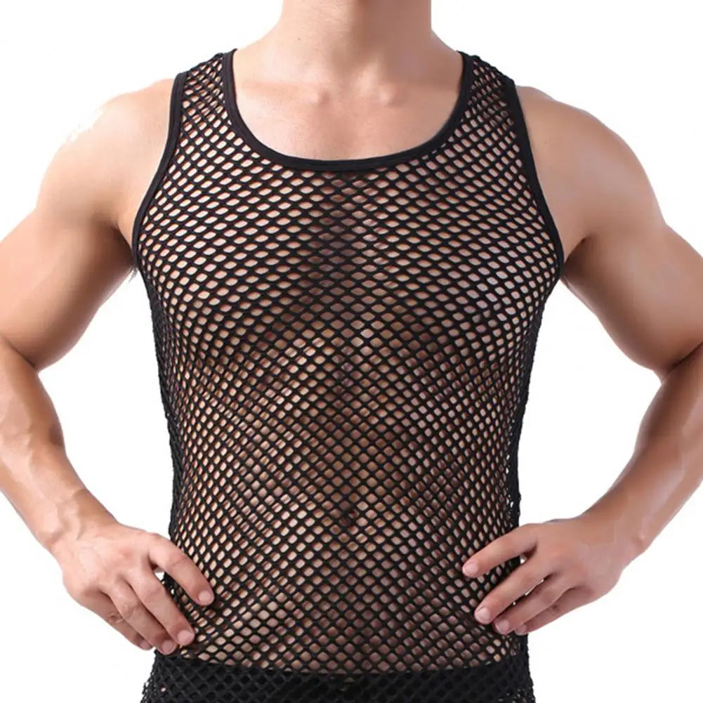 Fishnet Men Sexy Mesh Tank Tops Transparent Sleep Tops Male Underwear Pure Color Vest Sleeveless Tops Underwear Male Undershirt