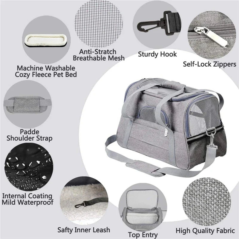 Soft Pet Carriers Portable Breathable Foldable Bag Cat Dog Carrier Bags Outgoing Travel Pets Handbag with Locking Safety Zippers