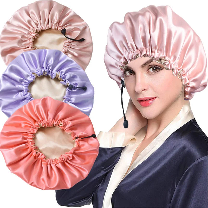 Ladies Satin Nightcap Solid Color Simple Drawstring Adjustable Hair Care Bandana Double Sided Shower Cap Chemo Head Cover