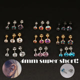 2PCS 4mm Short Ear Studs Earring Outside Upper Helix Earrings Titanium Steel CZ Crystal 3mm 4mm 5mm Mix Colors 0.8mm 20G Screw