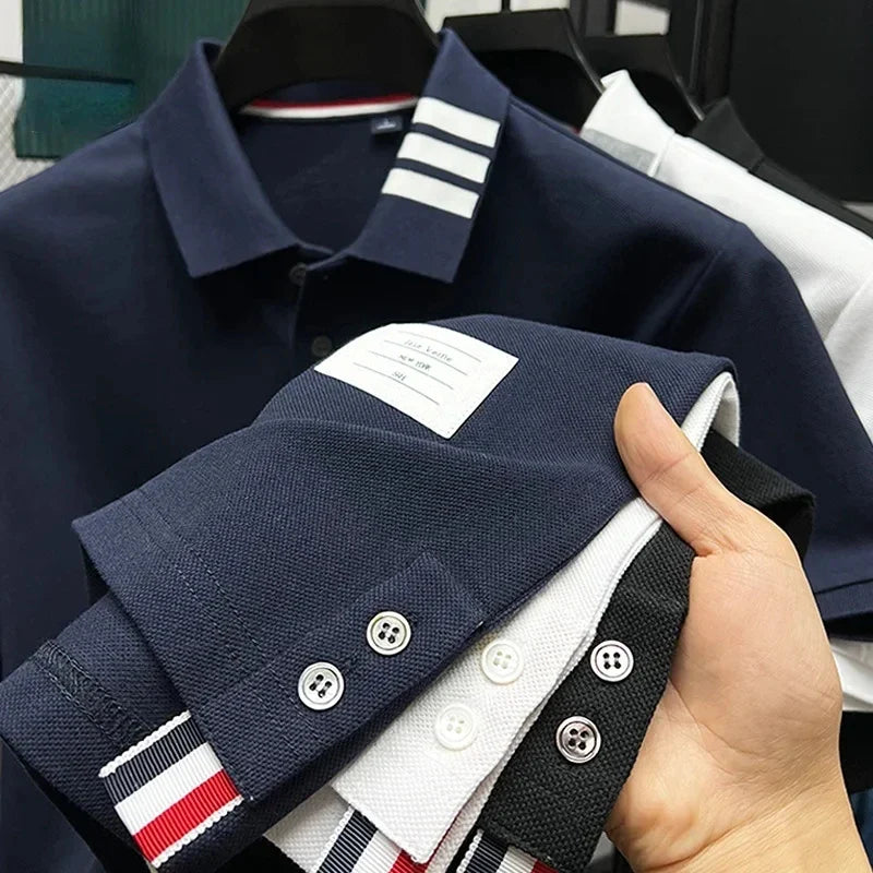 100% Cotton Luxury Brand New Men's Polo Shirt 2023 Autumn/Winter Polo Collar Stripe Print Long Sleeve Men's T-shirt Casual Golf