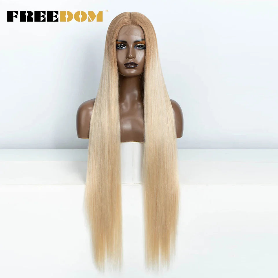 FREEDOM Synthetic Lace Front Wigs For Women Straight Hair Synthetic Lace Wigs 38 Inch Ombre Long Cosplay Wigs Blonde Pink Wig