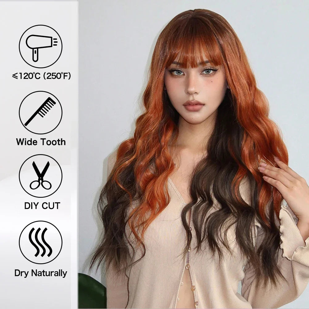 Long Curly Orange Brown Ombre Synthetic Wavy Wigs with Bangs Ginger Cosplay Party Wig for Women Afro Natural Hair Heat Resistant