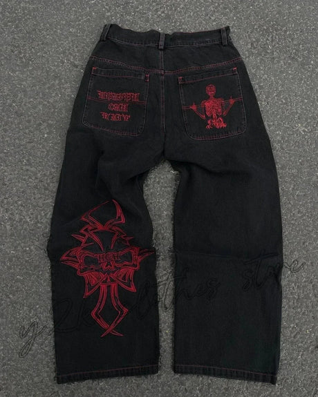 Vintage Gear Patch Punk Jeans High Street Spiderweb Straight Leg Pants Men's Wide Leg Pants Black Cargo Pants Y2k Clothes Baggy