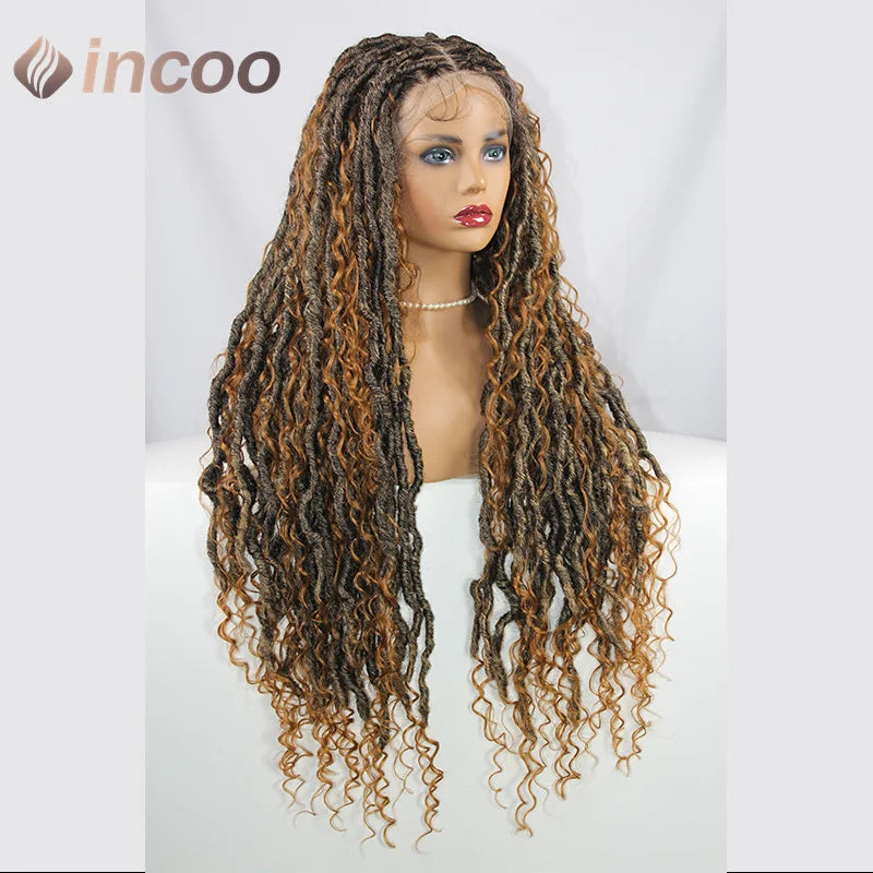 32 inch Butterfly Loc Dark Ginger Full Lace Front Braided Wig Water Wave Curly Wigs Distressed Knotless Box Braids Cornrow Wig