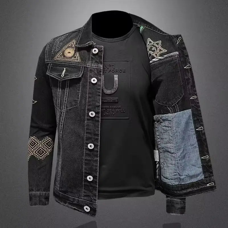 New Spring and Autumn Men's Denim Jacket Classic Retro Embroidered Lapel Motorcycle Jacket Trendy Fashion Loose Casual Denim Top