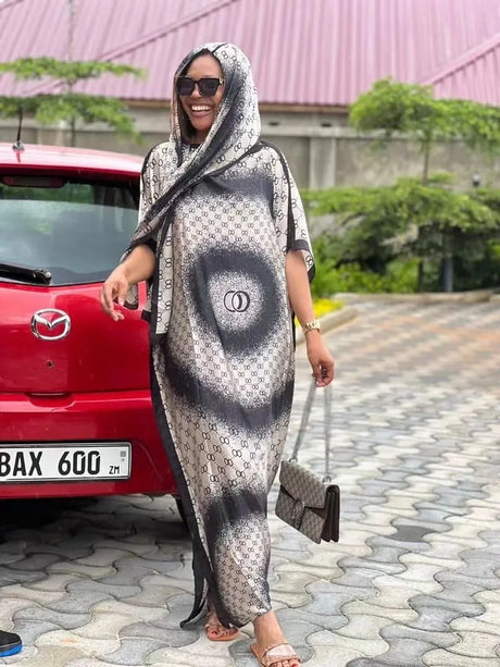 2023 New Style Fashion Oversize African Women Clothing Dubai Dashiki Abaya Free Size Print Design With Scarf Loose Long Dress