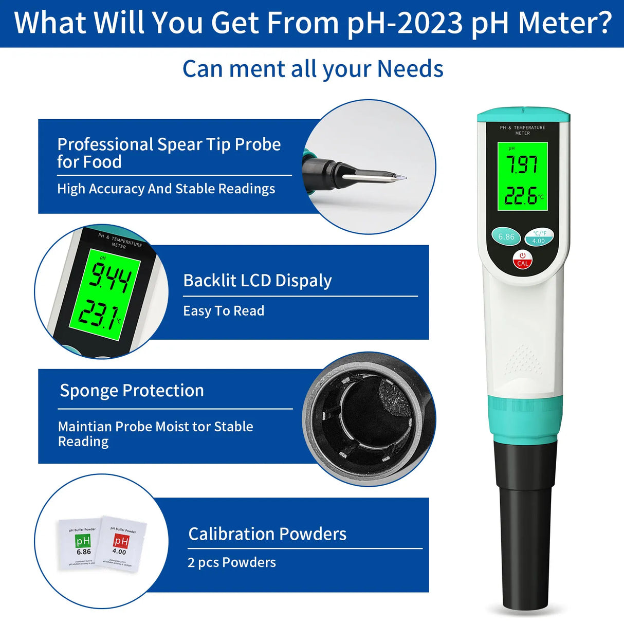 Professional Food PH Meter 0.00~14.00pH Temp pH Tester High Accuracy Sensor Acidity Analyzer for Meat Canning Cheese Dough Water