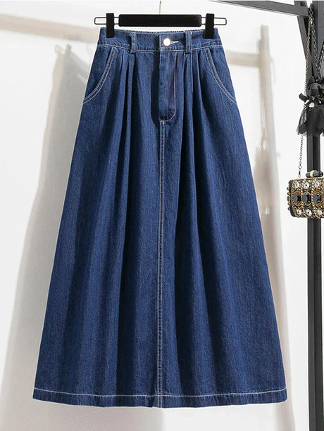 New 2023 Autumn Plus Size Denim Skirt Women High Elastic Waist Blue Or Sky Blue Color Korean Fashion A Line Midi Jeans Skirts