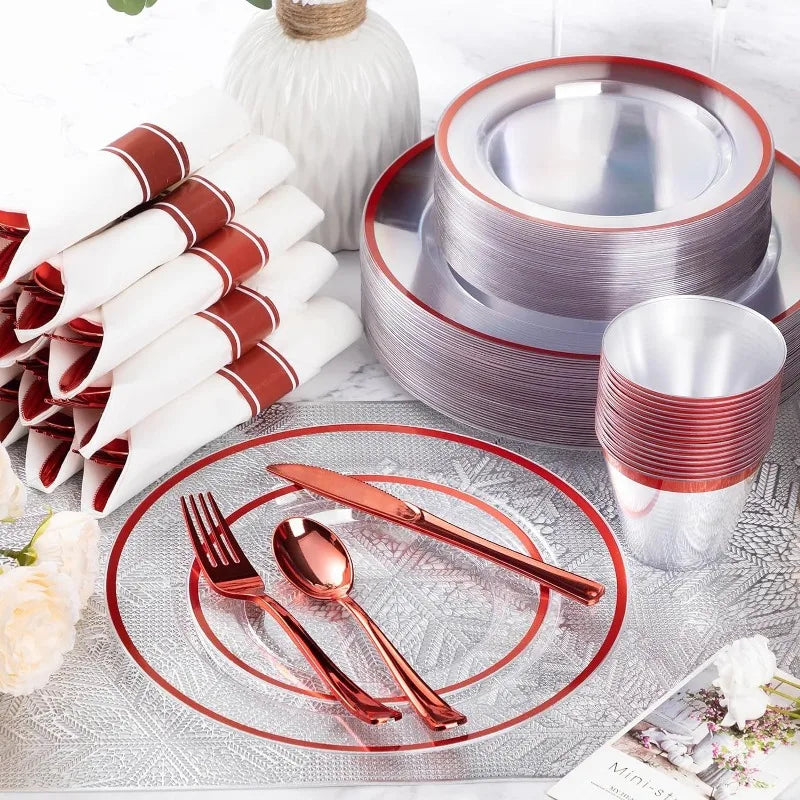 350 Piece Plastic Dinnerware Set for Party,Clear Disposable Plates for 50 Guests ,Include: Dinner Plastic Plates, Rolled Napkins