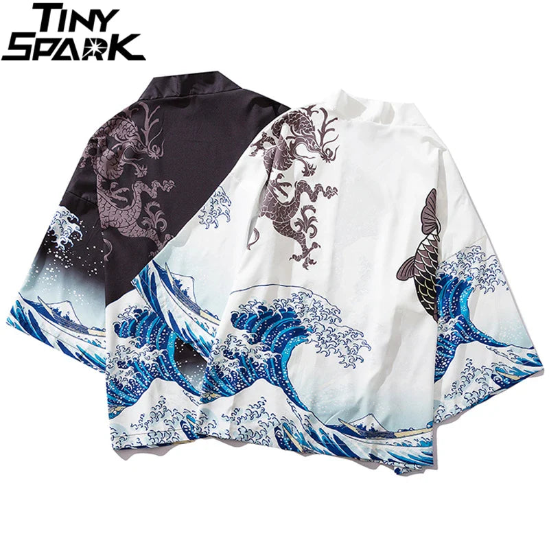 2023 Harajuku Kimono Jacket Japanese Kanagawa Great Wave Hip Hop Mens Streetwear Jacket Dragon Koi Fish Thin Gown Japan Style