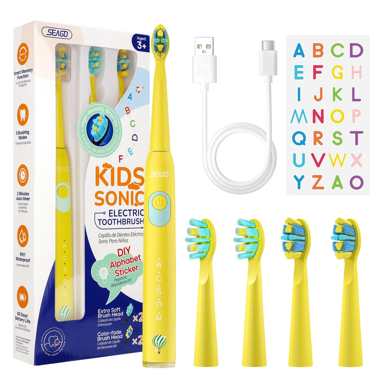 Seago Kids Electric Toothbrush for 6+Years 5 Modes Rechargeable IPX7 Waterproof Power Sonic Toothbrush Replacement Head SG-2303