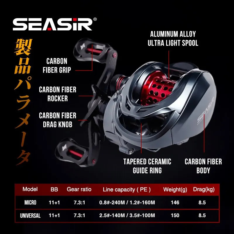 Seasir Mansory Baitcasting Fishing Reel 146g Ultralight Carbon 11+1 7.3:1 HS Ratio Hybrid Ceramic Bearing Double Spools Seawater