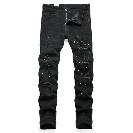 Fashion Street Style Ripped Skinny Jeans Men Vintage wash Solid Denim Trouser Mens Casual Slim fit  Black Blue denim Pants