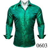 Luxury Silk Shirts for Men Green Paisley Long Sleeved Embroidered Tops Formal Casual Regular Slim Fit Blouses Anti Wrinkle 615