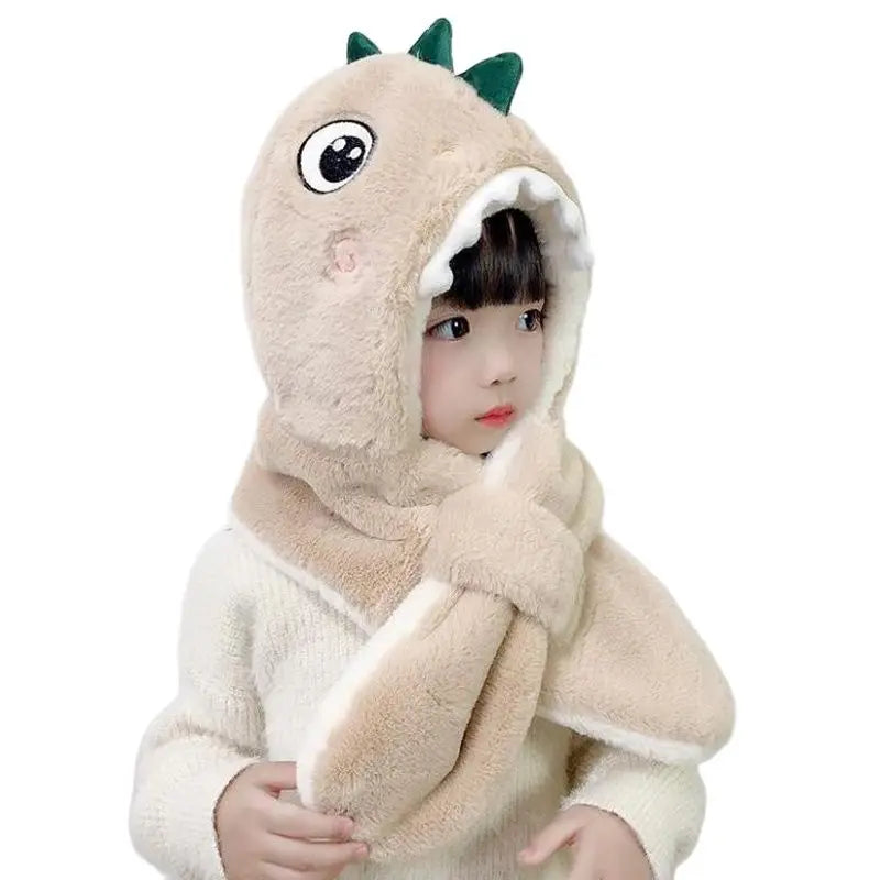 Doitbest Cartoon Dinosaur Children Winter Hats Beanies Set Kids Child Knitted Fur Hat Scarf One-piece Boys Girls Earflap Caps