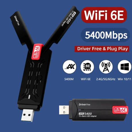 5400Mbps USB Wifi6E Adapter 2.4G&5G&6GHz USB 3.0 Wifi 6 Receiver Dongle Tri-band Antenna MU-MIMO Plug and Play for Windows 10/11