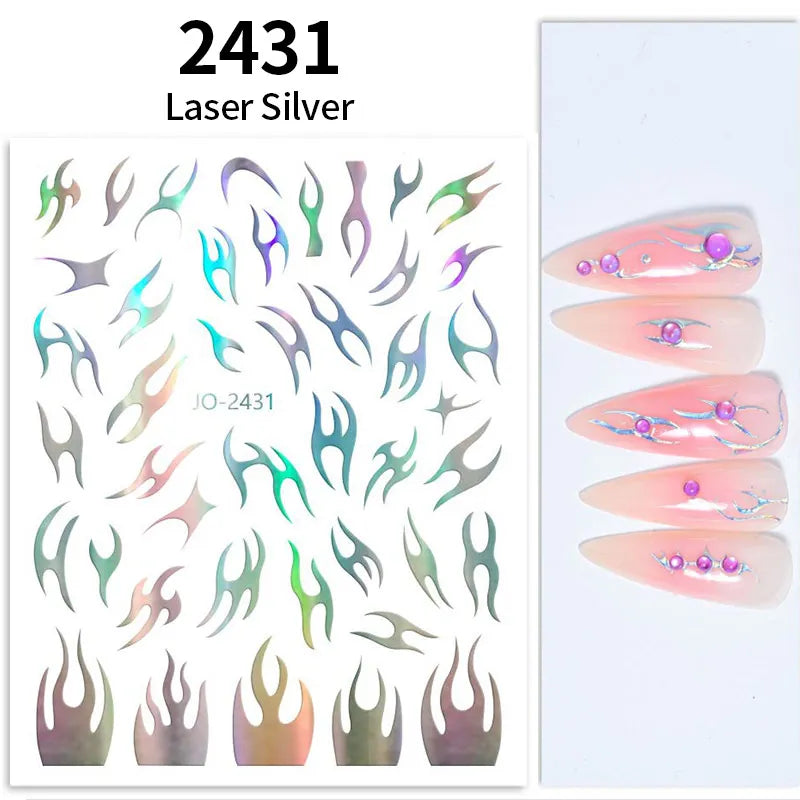 3D Silver Frame Nail Sticker Silver Bronzing Stripe Lines Sliders For Nails Tribal Pattern Decals Marble Blooming Nail Tattoos