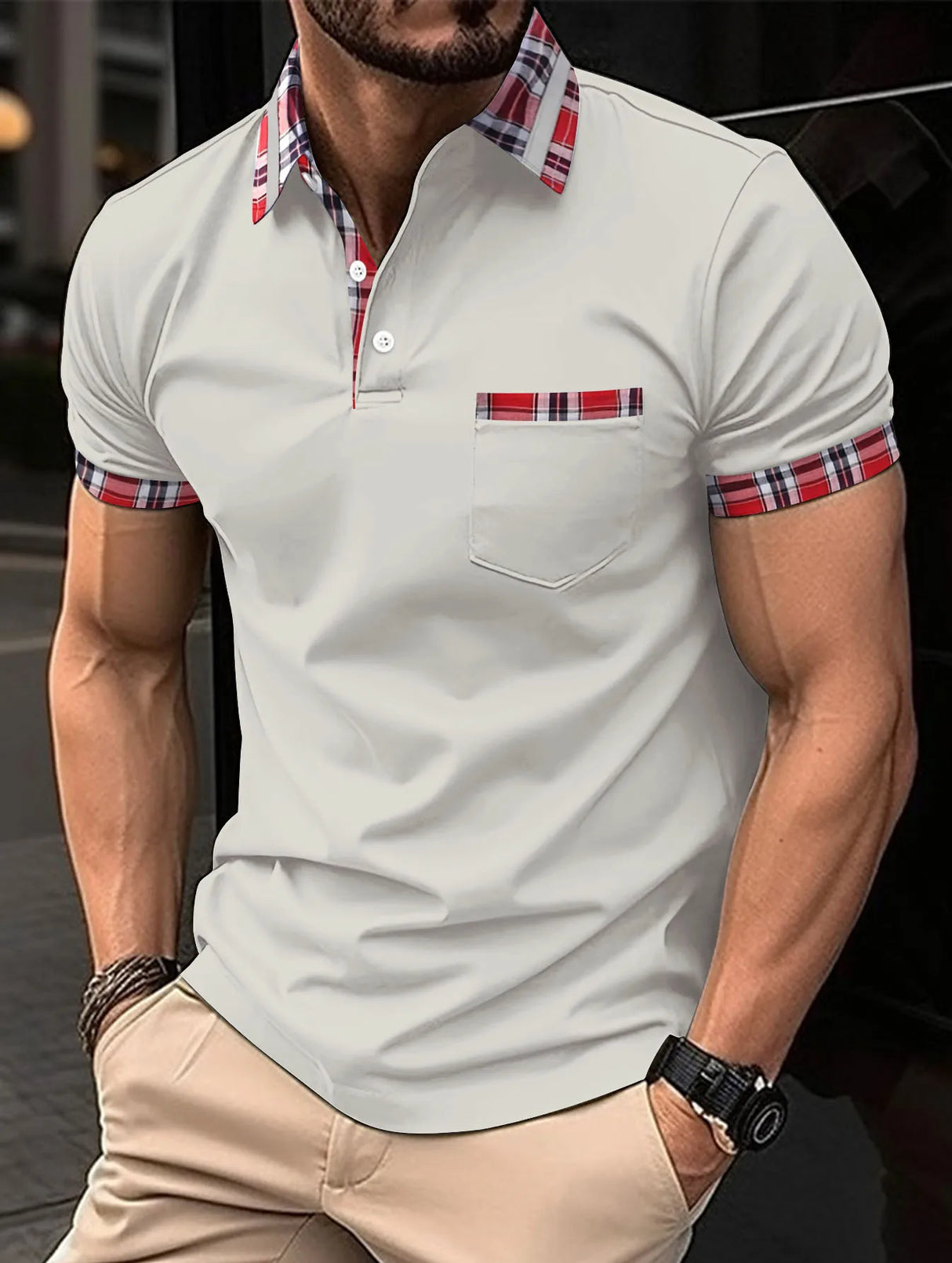 2023 Fashion Men's Short Sleeve Polo Shirt Man Plaid Collar POLO Tee Male Casual Collar T-Shirt Clothing