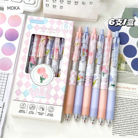 6pcs Floral Gel Pens Set Transparent 0.5mm Black Ink Needle Pens Kawaii Signature Pens Korean Stationery School Office Supplies