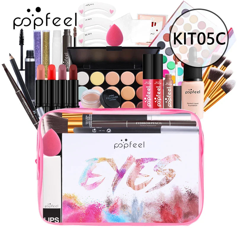 POPFEEL All In One Makeup Set (Eyeshadow, Ligloss, Lipstick, Brushes, Eyebrow, Concealer, Highlight) Cosmetic Bag Eye Shadow Kit