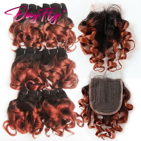 6+1/Lot Brazilian Hair Weaving With Closure Ombre Bouncy Curly Bundles With Closure 4x4 Short Human Hair Bundles And Closure