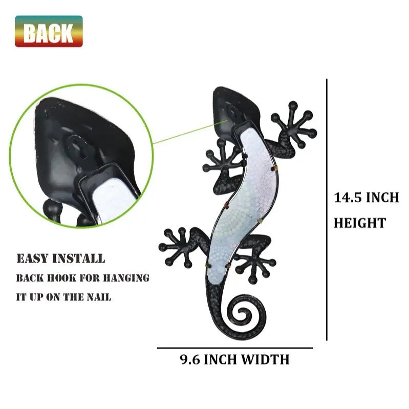 HONGLAND Metal Gecko Wall Art 2 Pack 15 Inch Lizard Outdoor Decor Hanging Glass Sculpture Decoration for Garden Fence Home