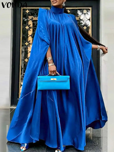 Plus Size 5XL VONDA 2024 Women Stand Collar Elegant Satin Dress Long Bat Sleeve Evening Pleated Maxi Sundress Casual Solid Robe