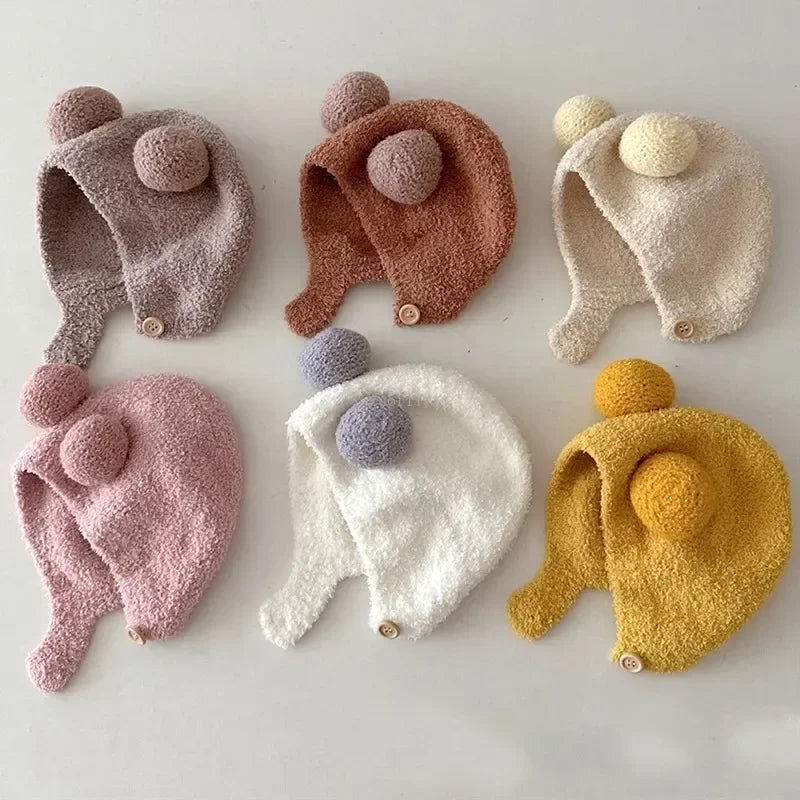 Cute Winter Warm Kids Girl Boys Baby Hats Fleece Wool Hemming Caps with Ball Solid Wool Ear Protection Hats Soft Newborn Bonnet