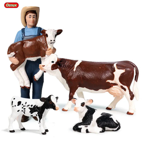 Oenux Farm House Model Action Figures Farmer Motorcycle Cow Hen Pig Animals Set Figurine Miniature PVC Cute Educational Kids Toy