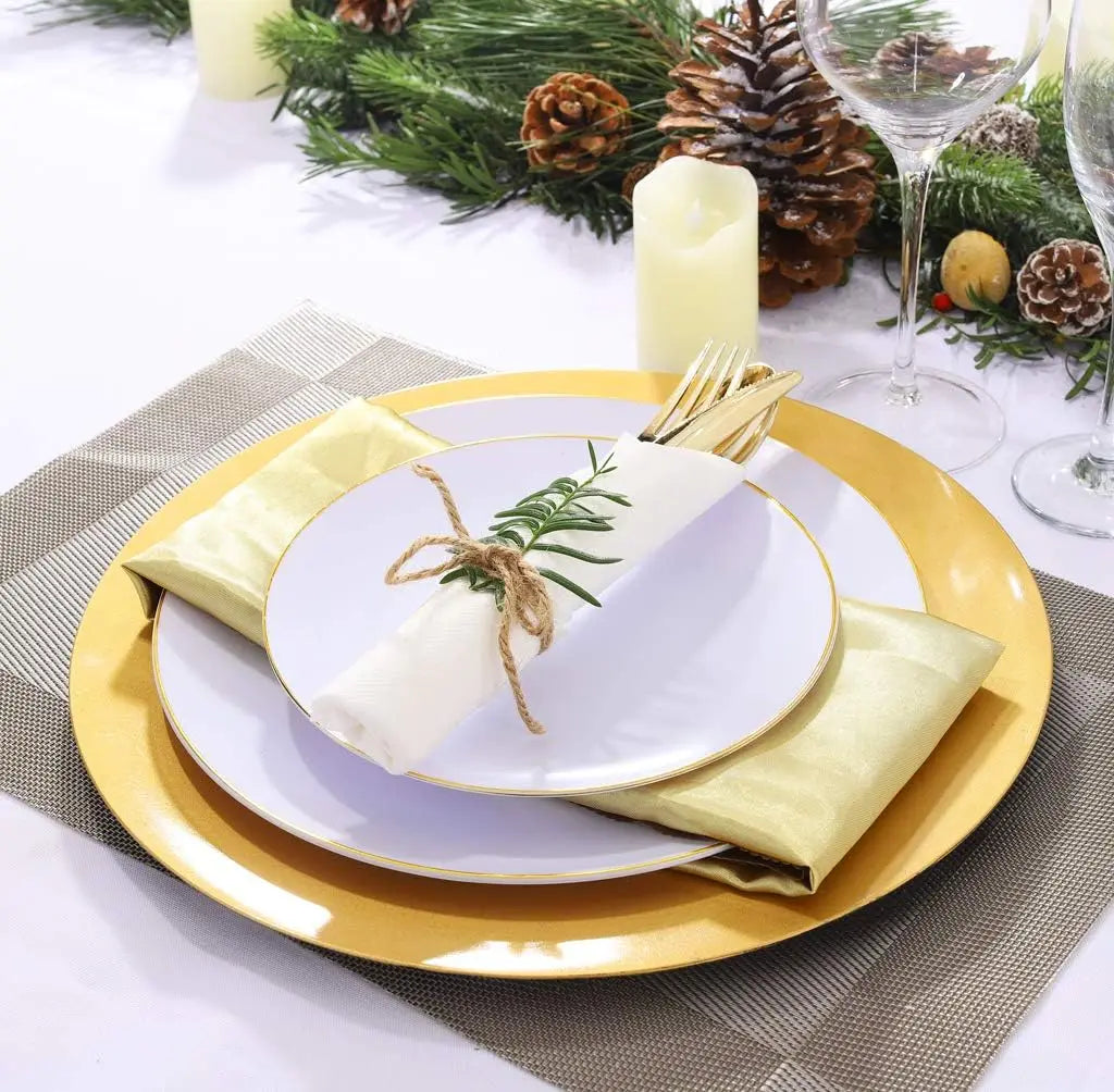 Nervure 100Pieces White with Gold Rim Plastic Plates - 7.5inch Disposable Gold Salad/Dessert Plates - White and Gold Plastic Pla