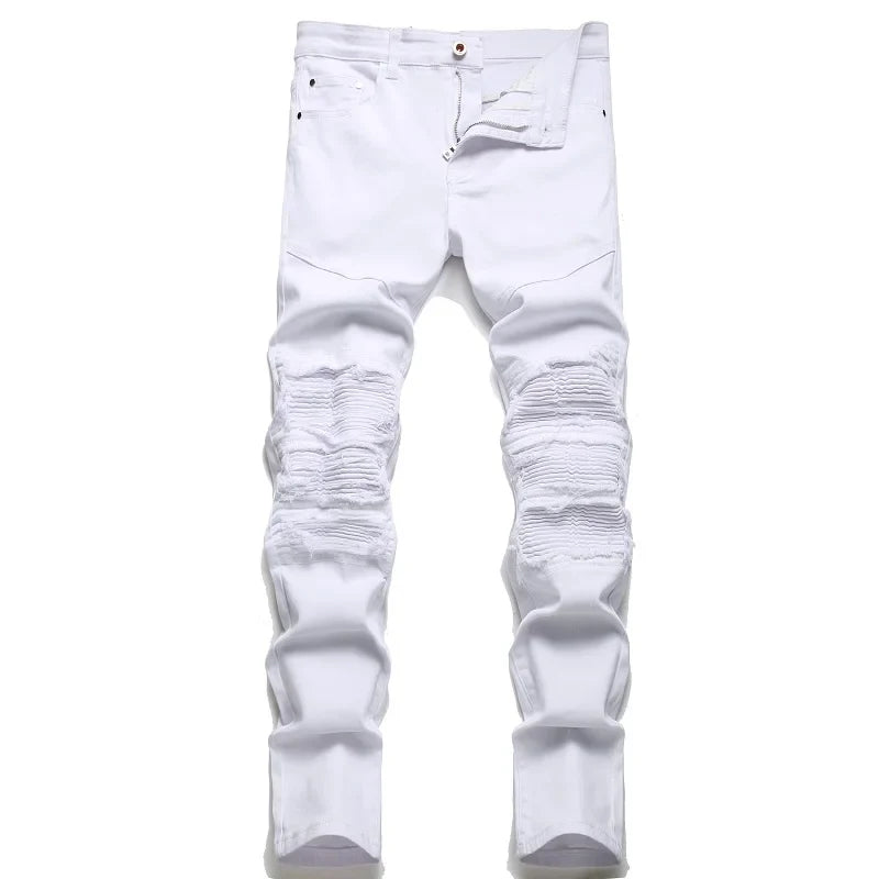 Dropshipping Fashion New Biker Jeans Men's Distressed Stretch Ripped  Hip Hop Slim Fit Holes Punk Denim Cotton Pants