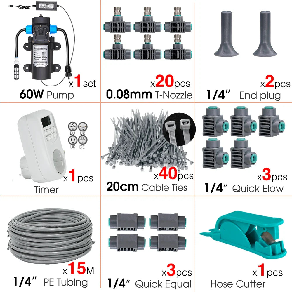 Garden 60W Self-Priming Pump Timer Mistsing Irrigation Kit for Greenhouse 1/4”Hose Sprayer Nozzle Automatic Irrigation Equipment