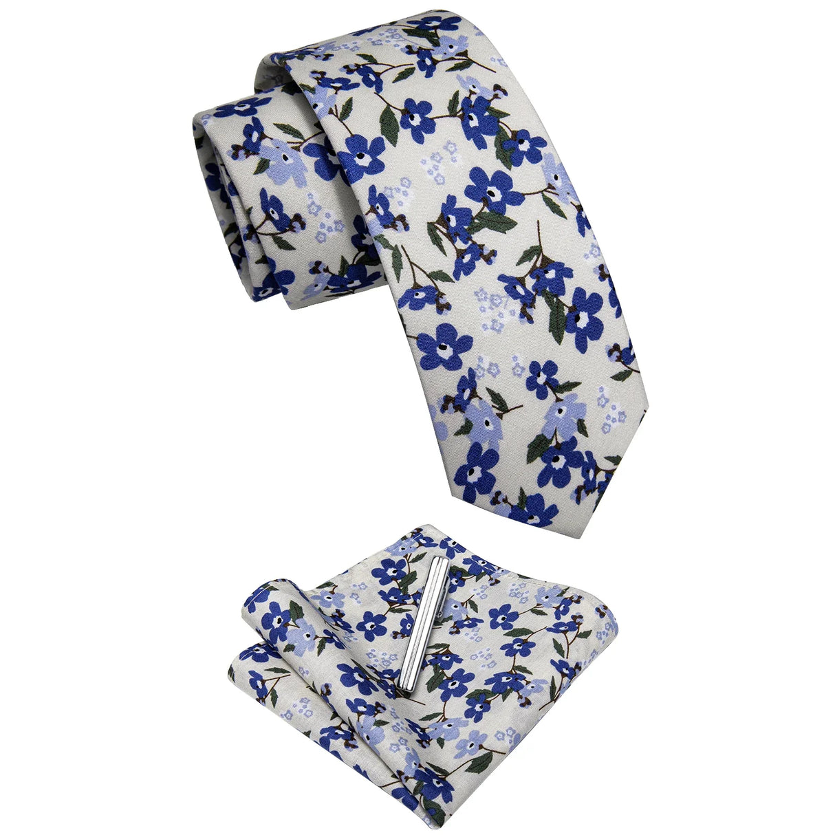 Yourties Men's Cotton Champagne Necktie with Clip Pocket Square Set for Wedding Business Causal Blue Floral Print Tie for Man