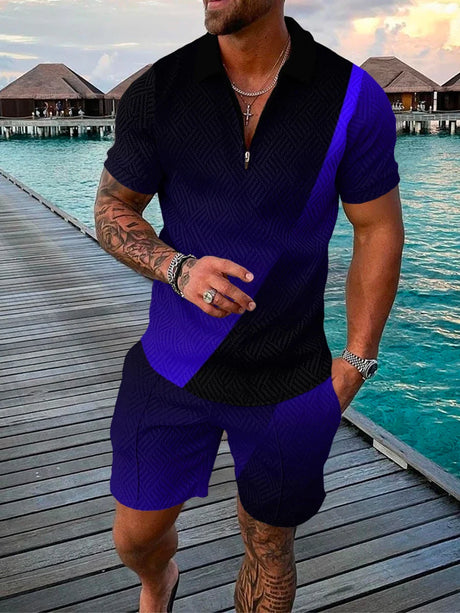 Men's Tracksuit Cotton Solid Color Short Sleeve Zipper Polo Shirt&Shorts Set for Men Casual Streetwear 2-piece Suit 2023 Summer