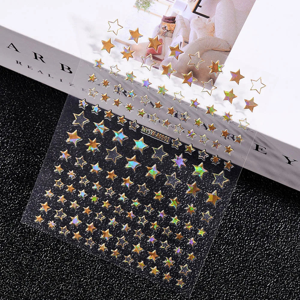 3D Gold Sun/Moon/Star Bronzing Nail Art Sticker 8*10cm Laser Star Moon Design Nail Decal Gold Silver Self-Adhesive Slider &*&