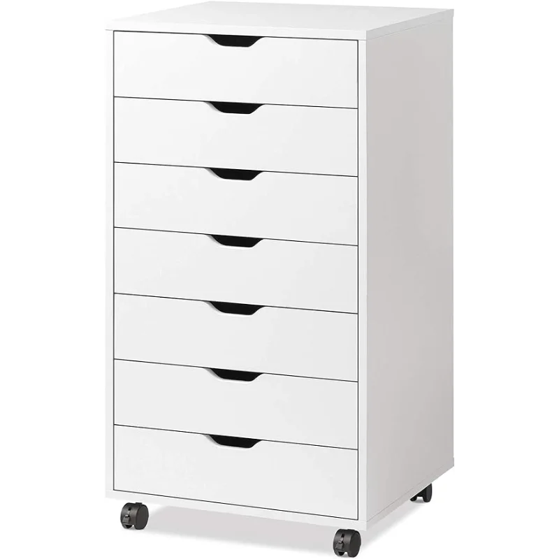 DEVAISE 7-Drawer Chest, Wood Storage Dresser Cabinet with Wheels, White