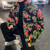 Northeast Flower Printed Thickened Cotton-padded Jacket Couple Chinese Style Causal Loose High Street Parkas Pants Suit