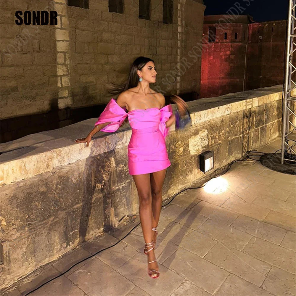 SONDR Modern Pink Satin Short Prom Dresses Dubai Arabic Women Shiny Beads Mini Sexy Cocktail Dress Evening Birthday Gowns